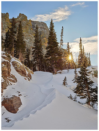 Snow Drift and Rising Sun, Winter, Rocky Mountain NP, Colorado